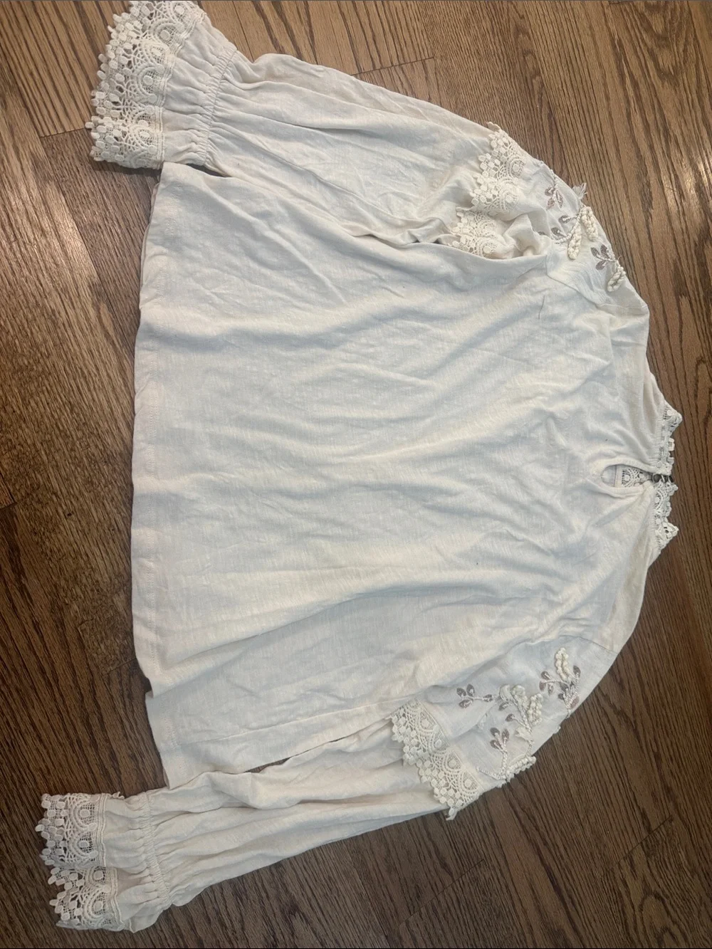 Anthropologie Cream Lace-Yoke High Neck Blouse